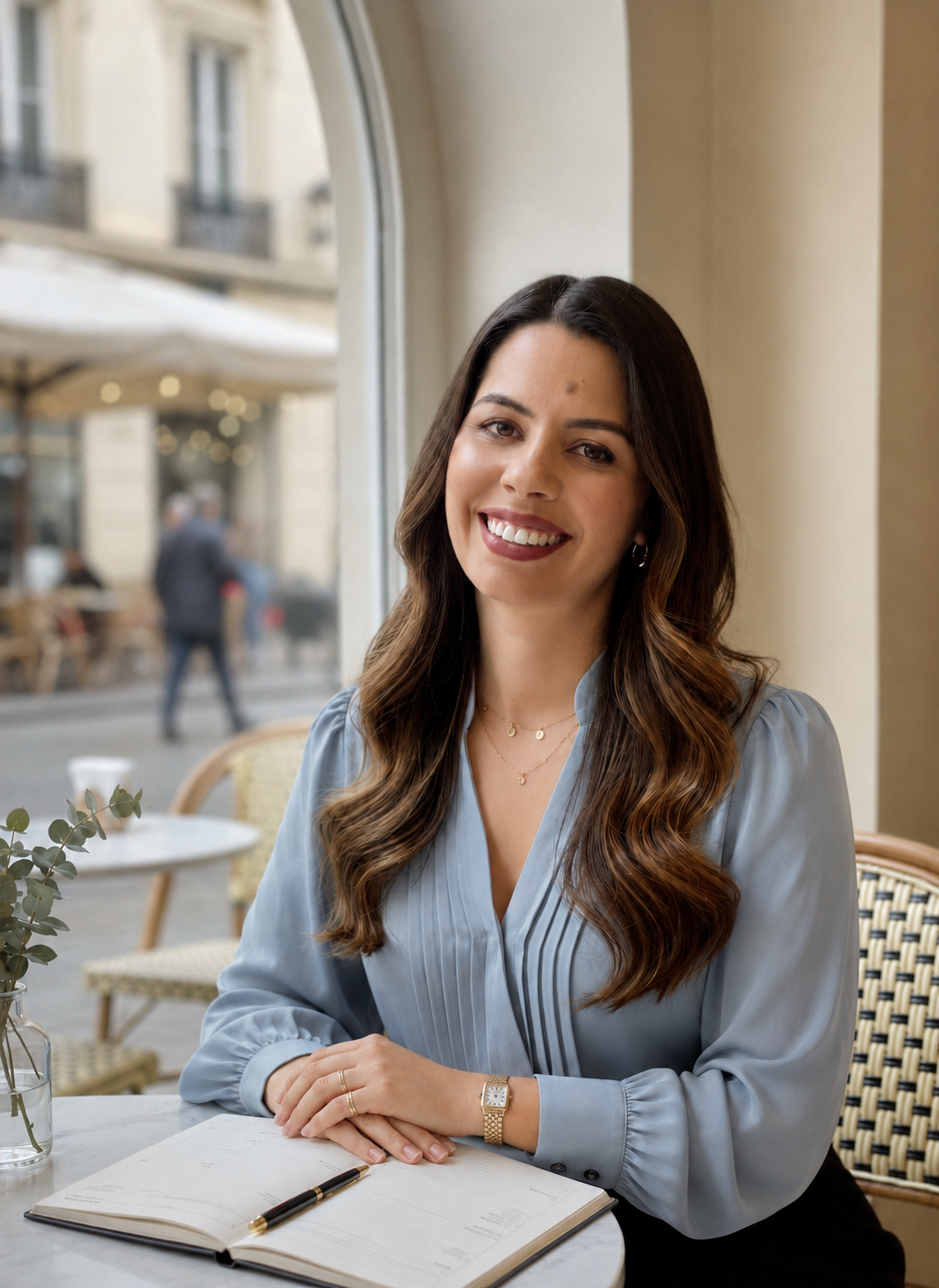 Mulher sorrindo em um café, pronta para iniciar sua análise comportamental